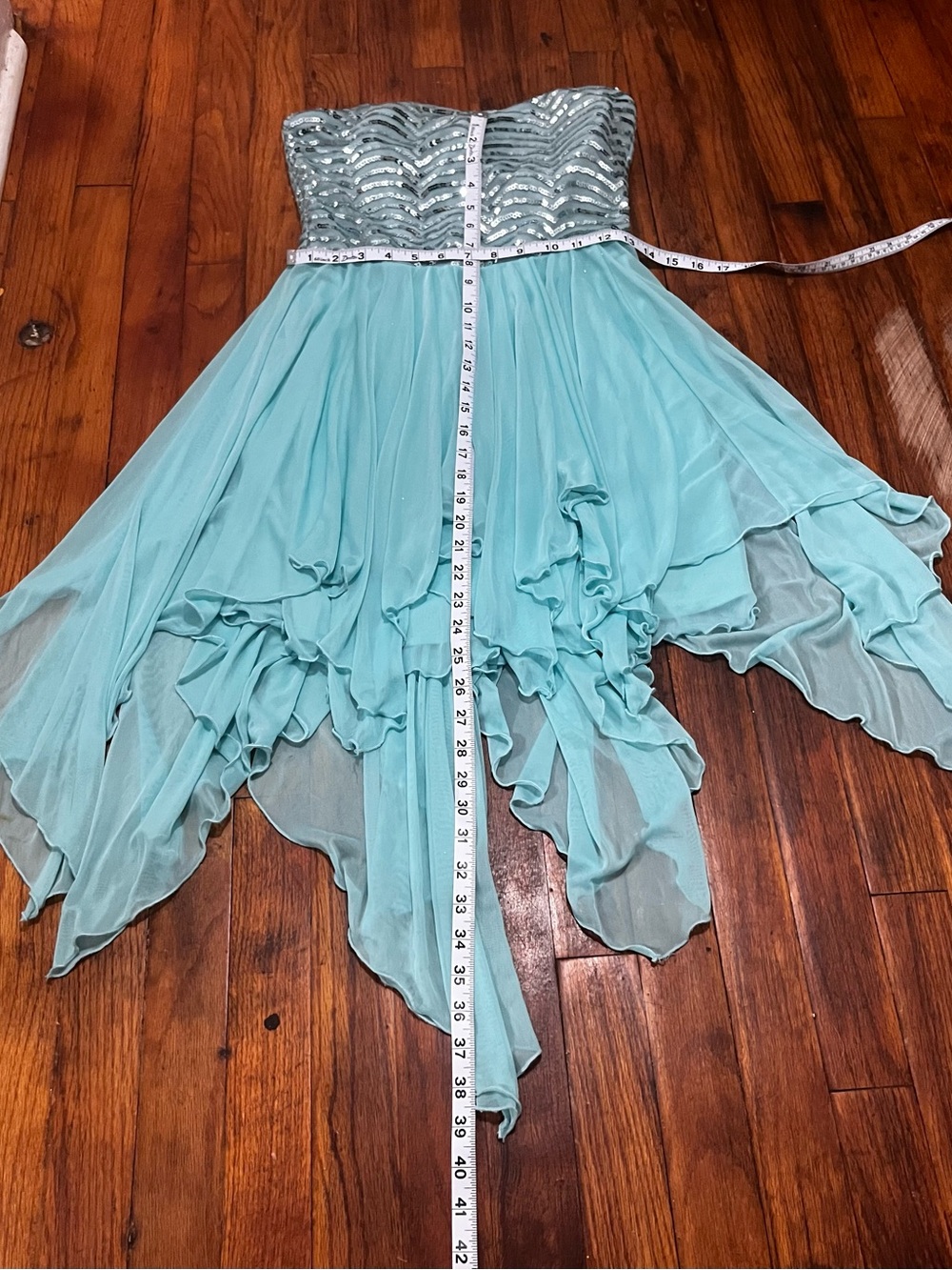 Love Reign Strapless Sequin Bodice Handkerchief Hem Dress in Aqua